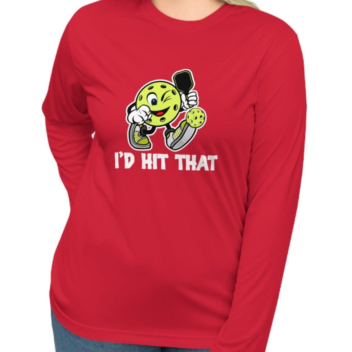 Cute, funny, cartoon I'd Hit That Pickleball performance long sleeve pickleball shirt
