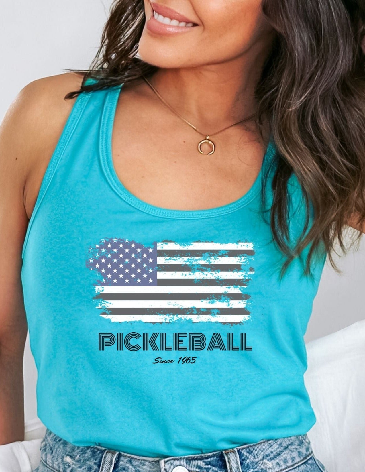 Super cute American Flag Pickleball Since 1965 Racerback Tank Top