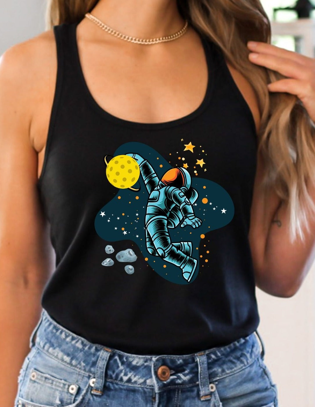 super cute eye catching beautifully designed Pickleball Astronaut Racerback Tank Top