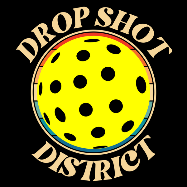 The premier pickleball lifestyle brand, the best pickleball apparel - Drop Shot District - their logo with a pickleball in the middle. 