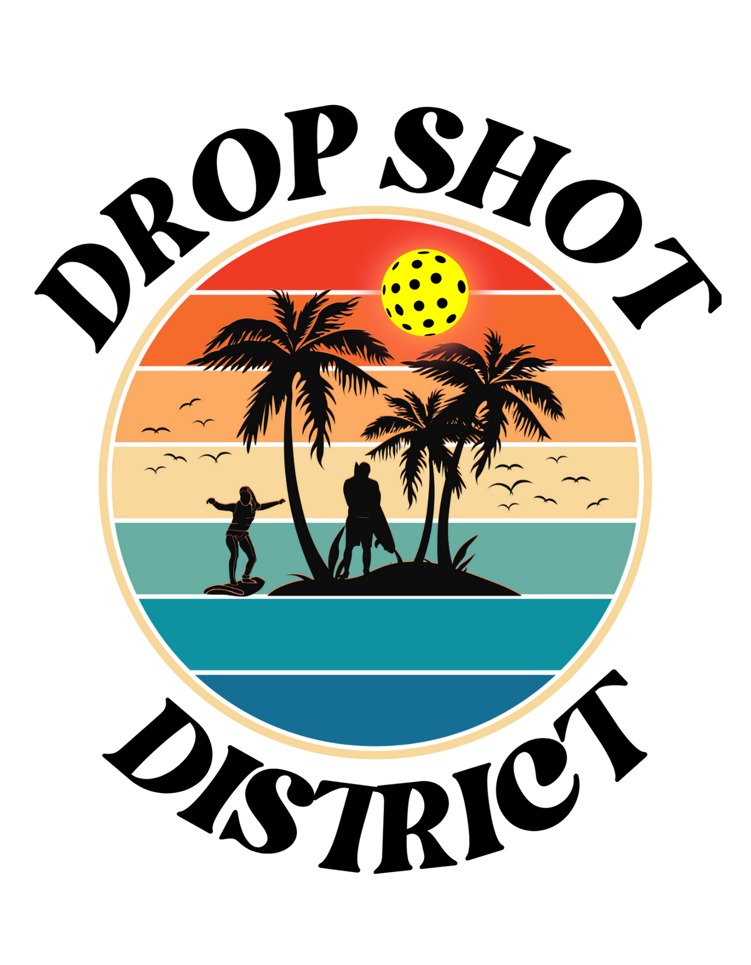 Beachy, fresh, cool drop shot district clothing company pickleball logo, with tropical colors, palm trees, beach scene, and a pickleball as the sun.