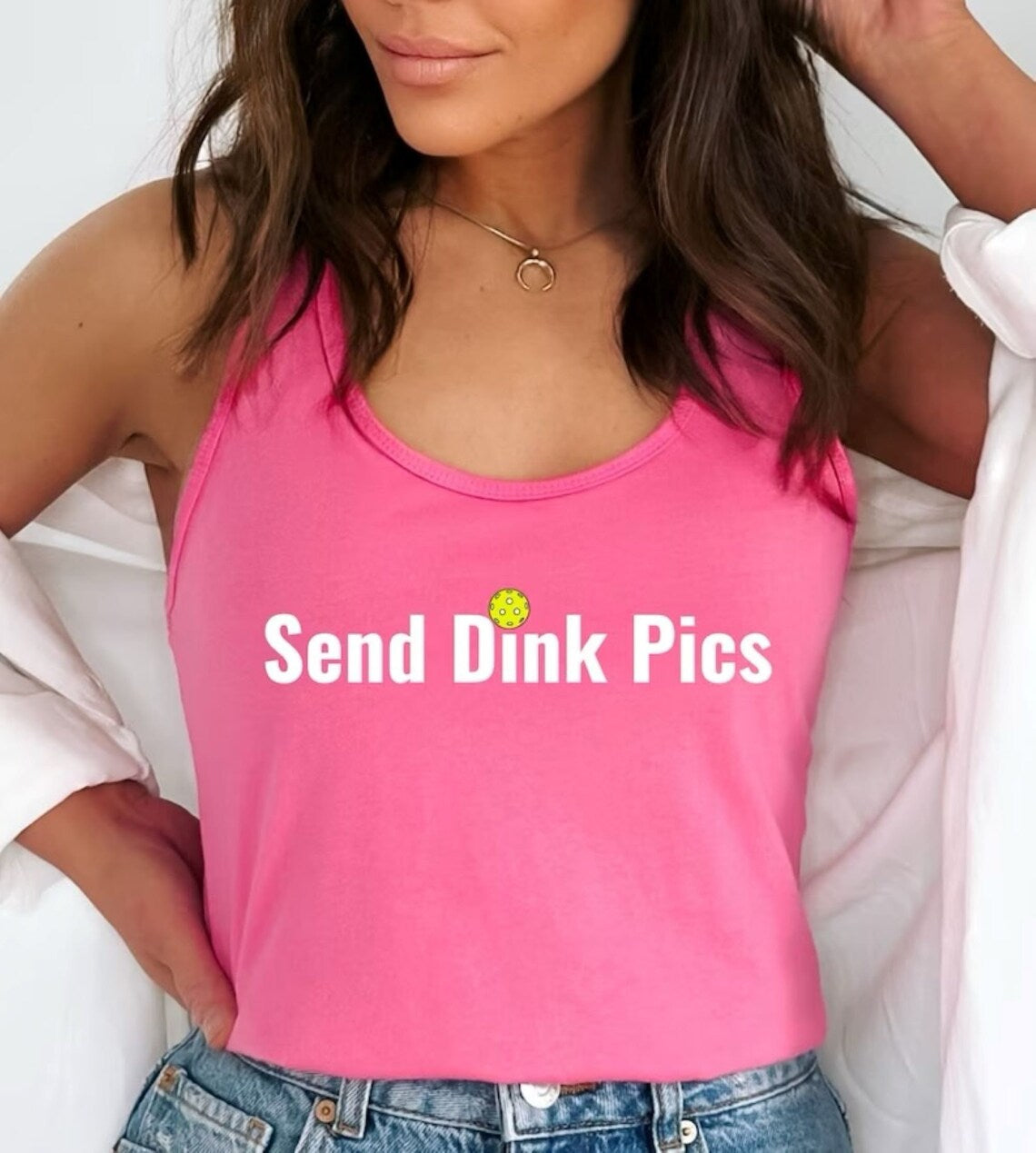 Send Dink Pics In Print Racerback Pickleball Tank Top