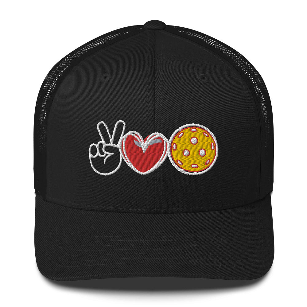 Peace, Love, Pickleball Super Cute Embroidered (in white) Pickleball Trucker Cap