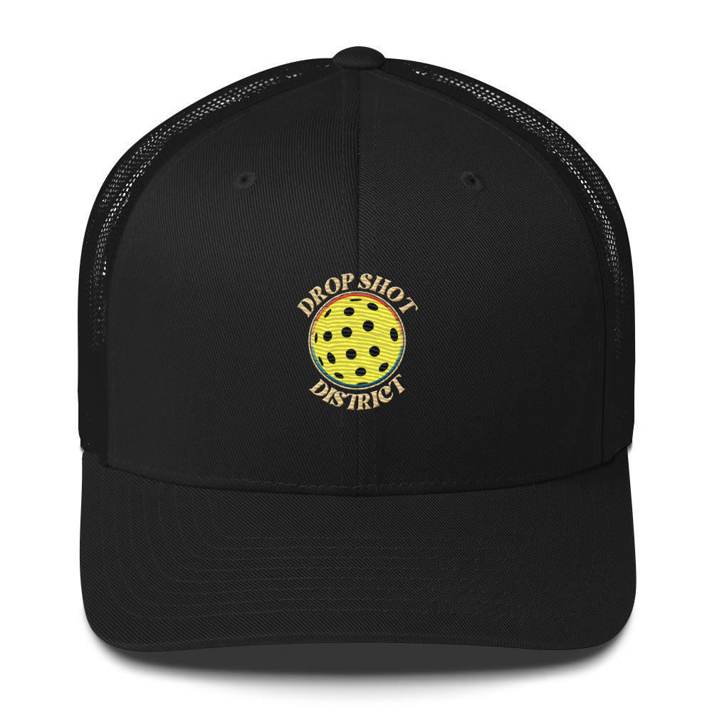 Drop Shot District Pickleball Logo Trucker Cap Embroidered in TAN