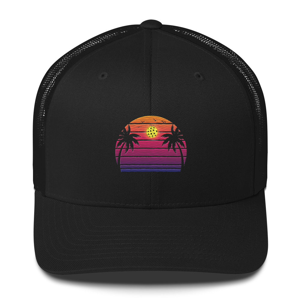 Beautiful Purple Pickleball Sunset Embroidered Trucker Hat