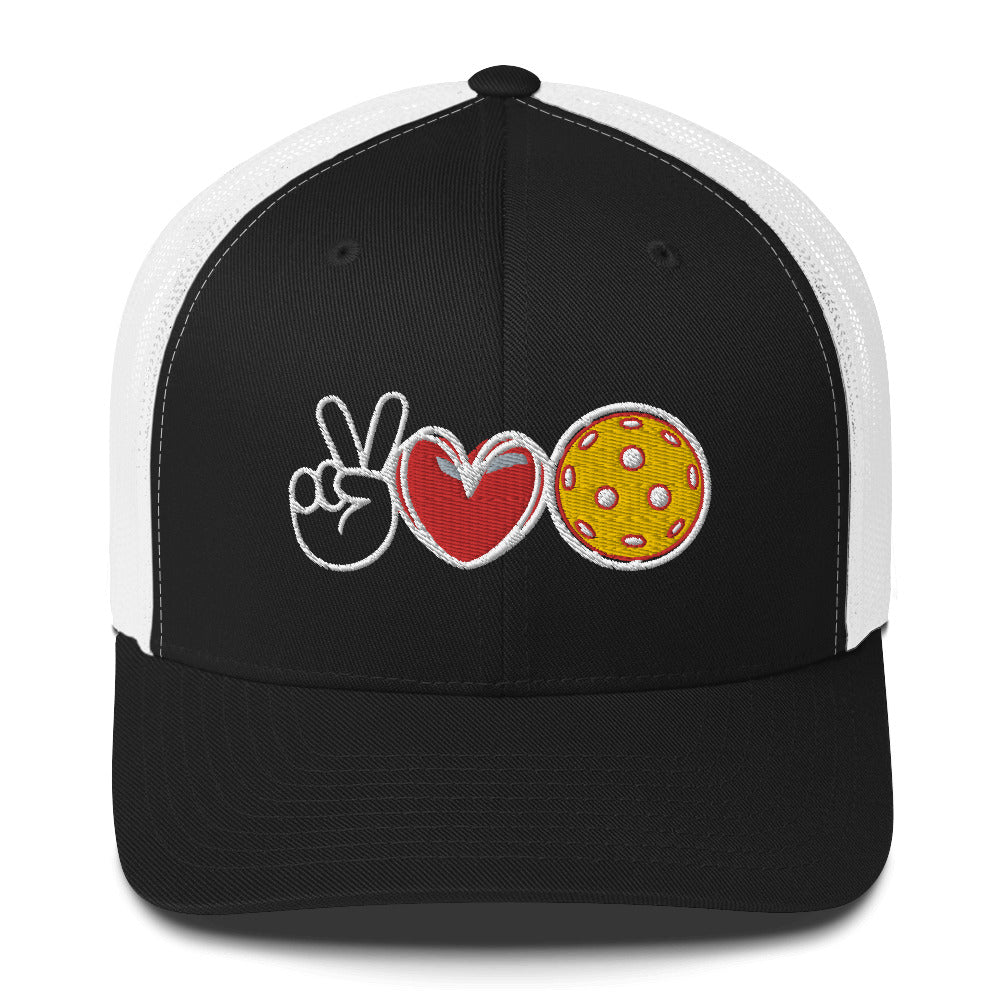 Peace, Love, Pickleball designed Embroidered in WHITE Pickleball Trucker Cap