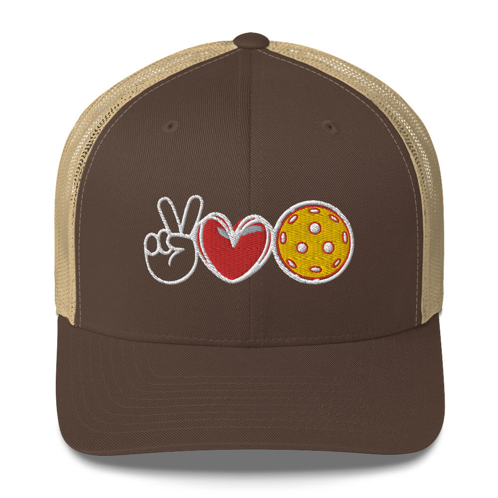 Peace, Love, Pickleball Super Cute Embroidered (in white) Pickleball Trucker Cap