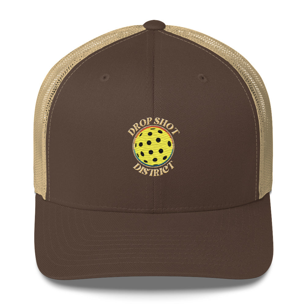 Drop Shot District Pickleball Logo Trucker Cap Embroidered in TAN
