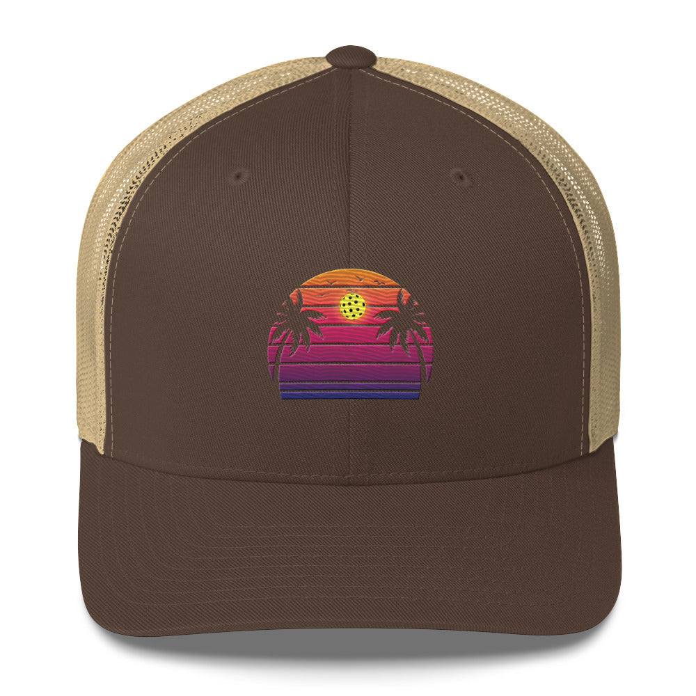 Beautiful Purple Pickleball Sunset Embroidered Trucker Hat