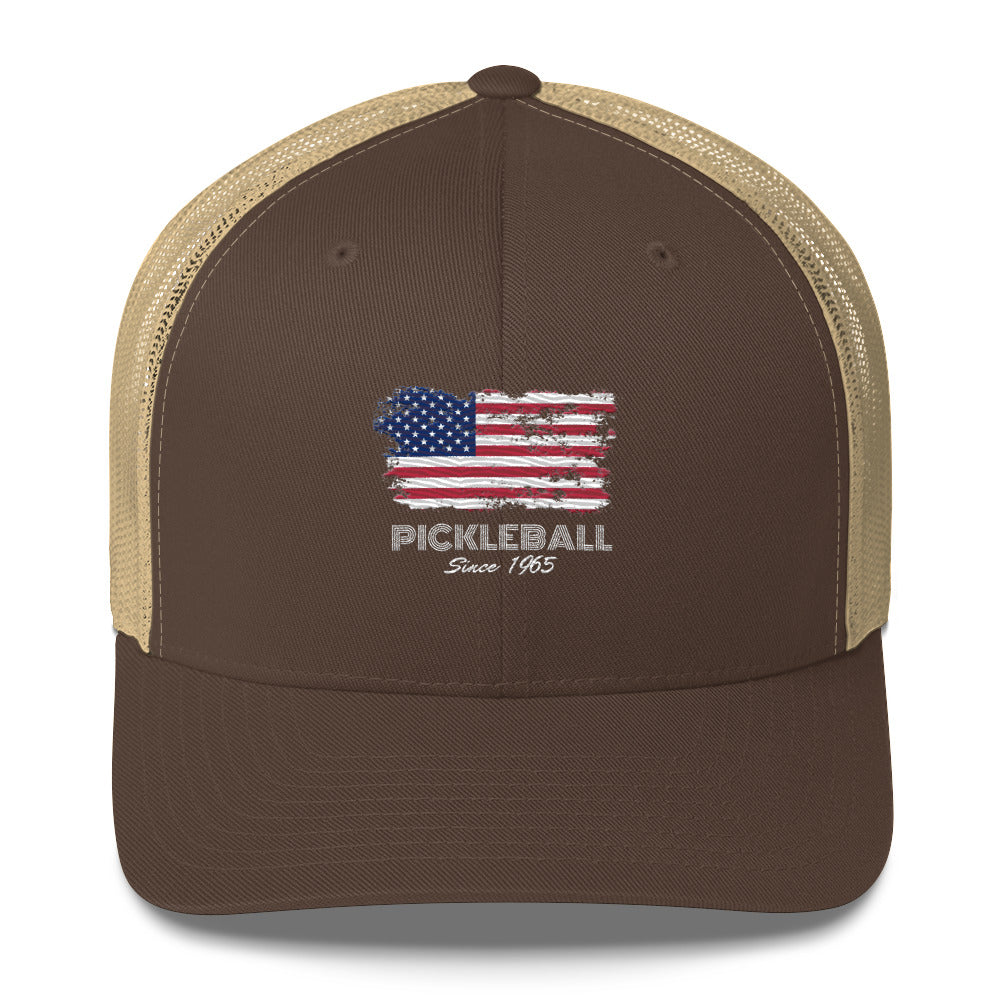 American Flag USA Pickleball Since 1965 Embroidered Pickleball Trucker Hat