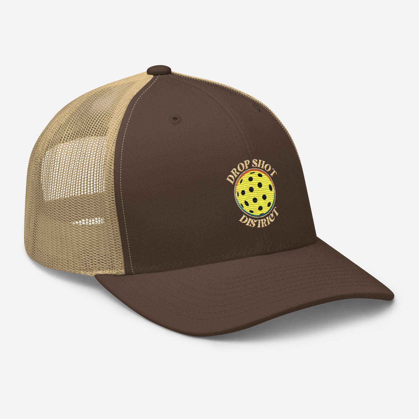 Beautiful looking Drop Shot District Pickleball Logo Trucker Cap Embroidered in TAN