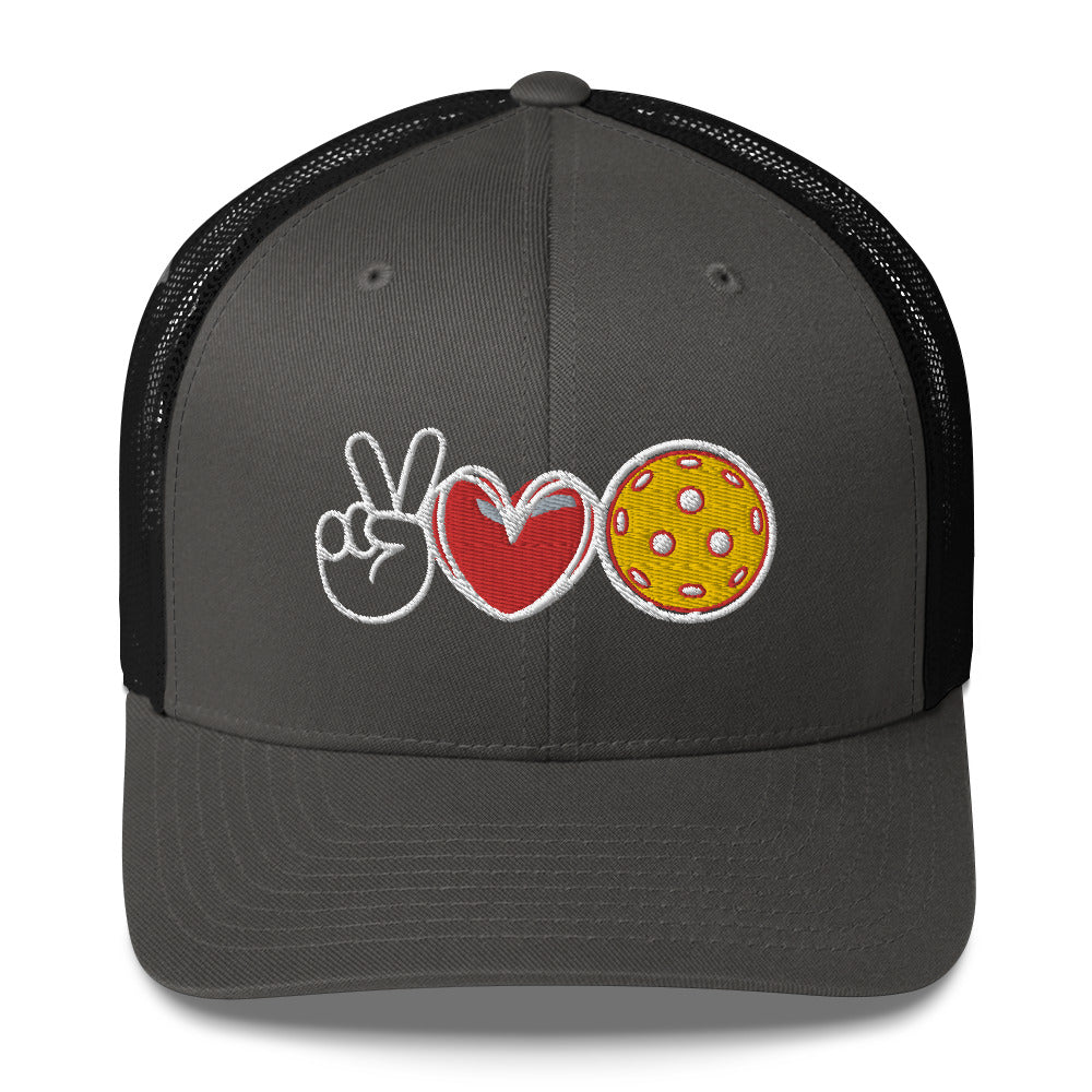 Peace, Love, Pickleball Super Cute Embroidered (in white) Pickleball Trucker Cap