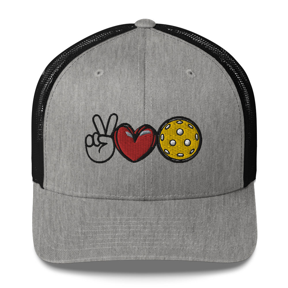 Peace, Love, Pickleball Super Cute Embroidered (in black) Pickleball Trucker Hat