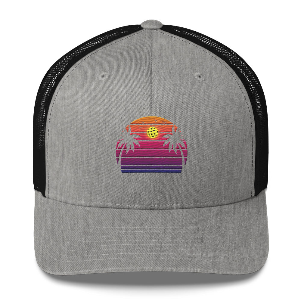 Beautiful Purple Pickleball Sunset Embroidered Trucker Hat