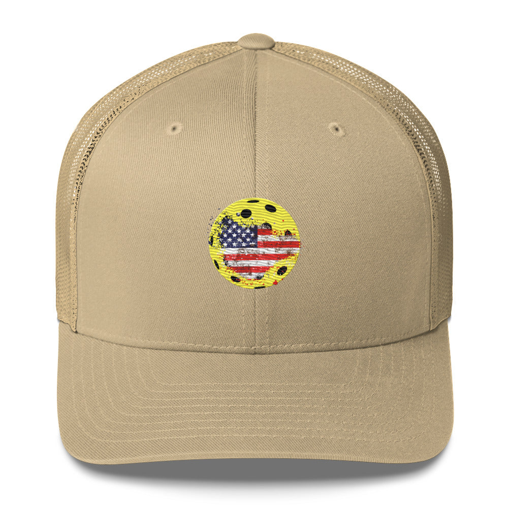 American Flag Embroidered Patriotic Pickleball Trucker Hat