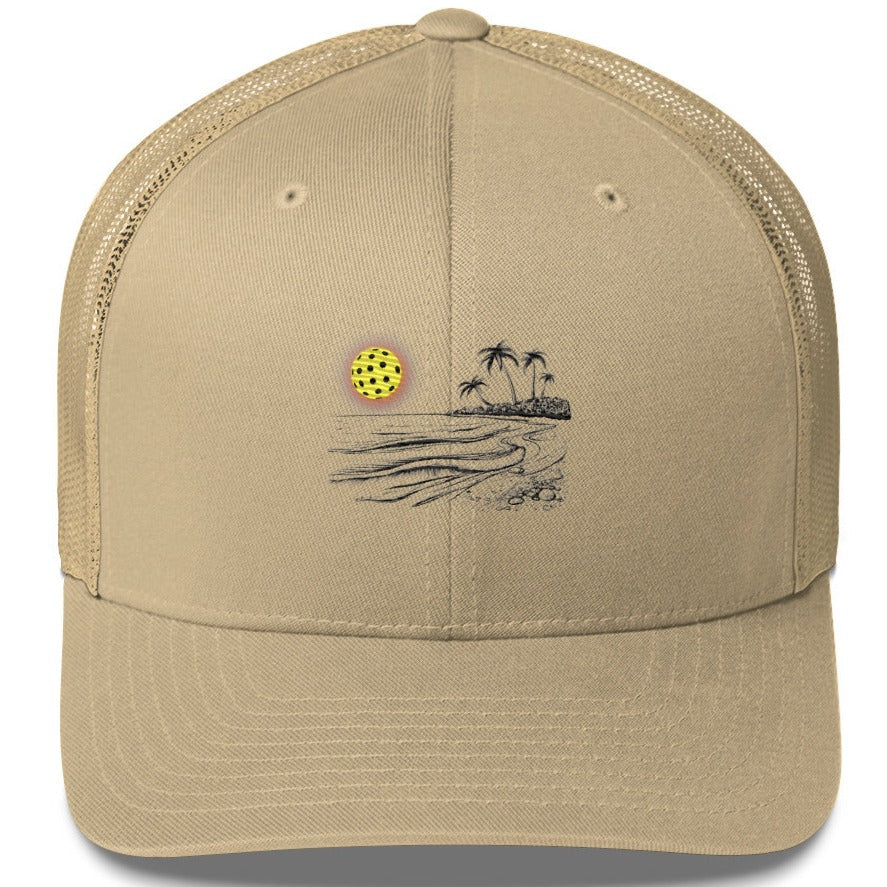 Goregous, beautifully designed Pickleball Sun Beach Vibes Embroidered (with black) Pickleball Trucker Hat. Pickleball Life, Salt Life, Beach Life...the Good Life...all in one dope pickleball hat!