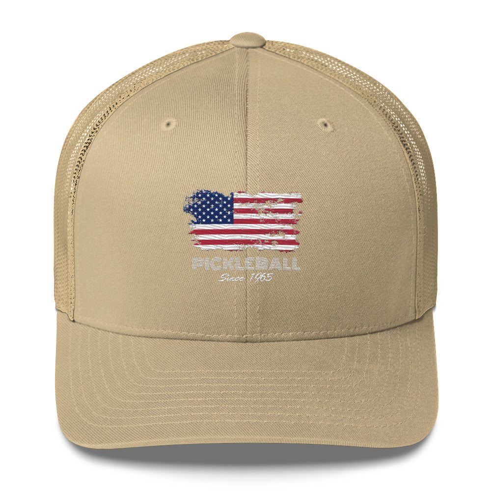 American Flag USA Pickleball Since 1965 Embroidered Pickleball Trucker Hat