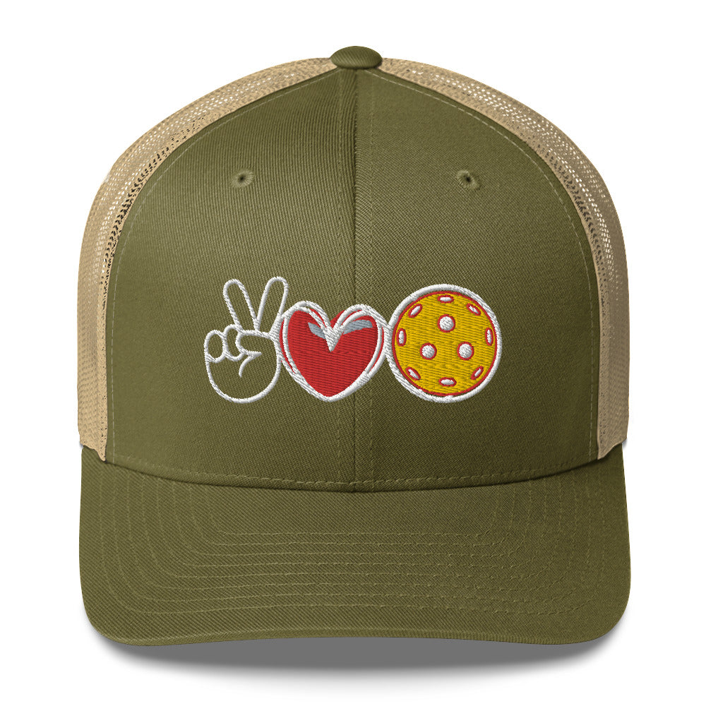 Peace, Love, Pickleball Super Cute Embroidered (in white) Pickleball Trucker Cap