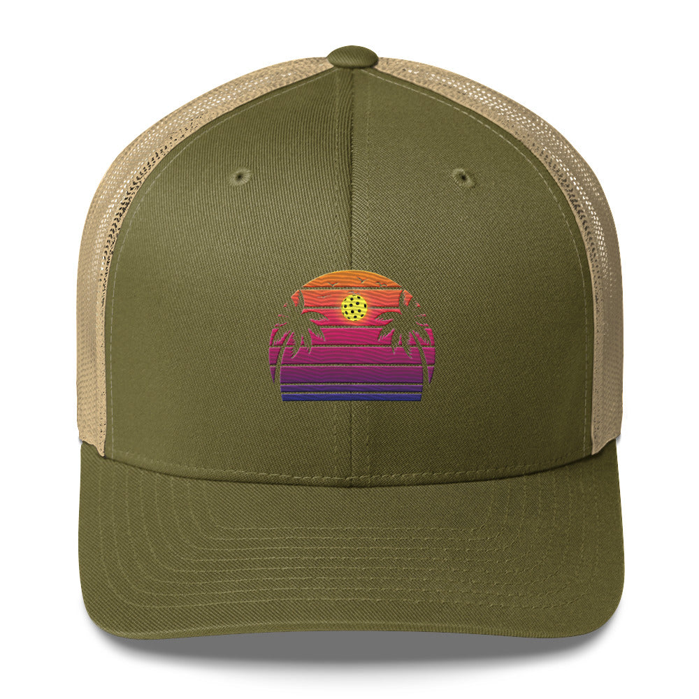 Beautiful Purple Pickleball Sunset Embroidered Trucker Hat