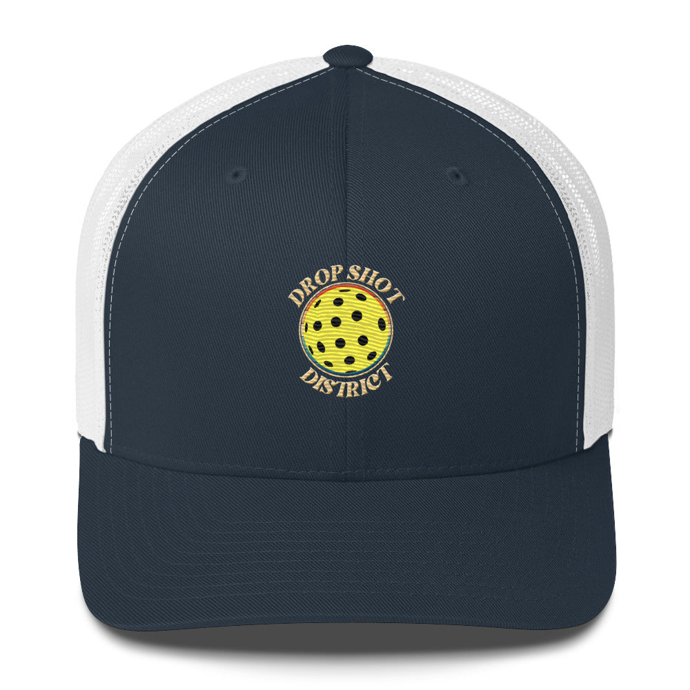 Drop Shot District Pickleball Logo Trucker Cap Embroidered in TAN