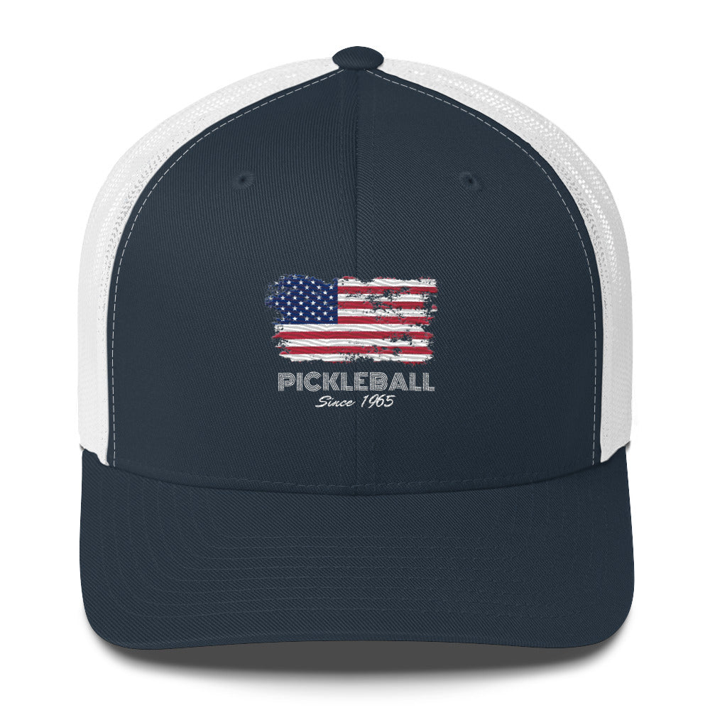 Patriotic, stunning American Flag USA Pickleball Since 1965 Embroidered Pickleball Trucker Hat