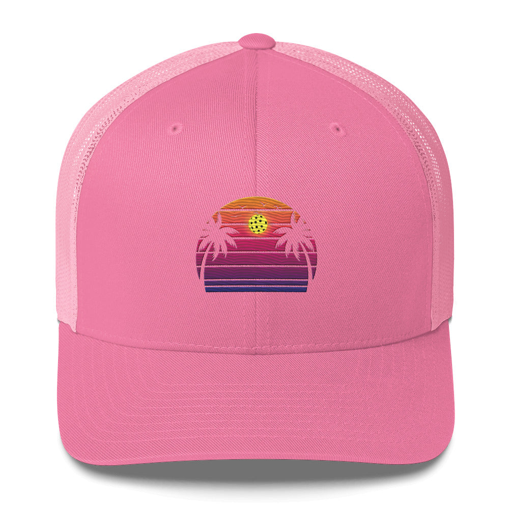 Beautiful Purple Pickleball Sunset Embroidered Trucker Hat