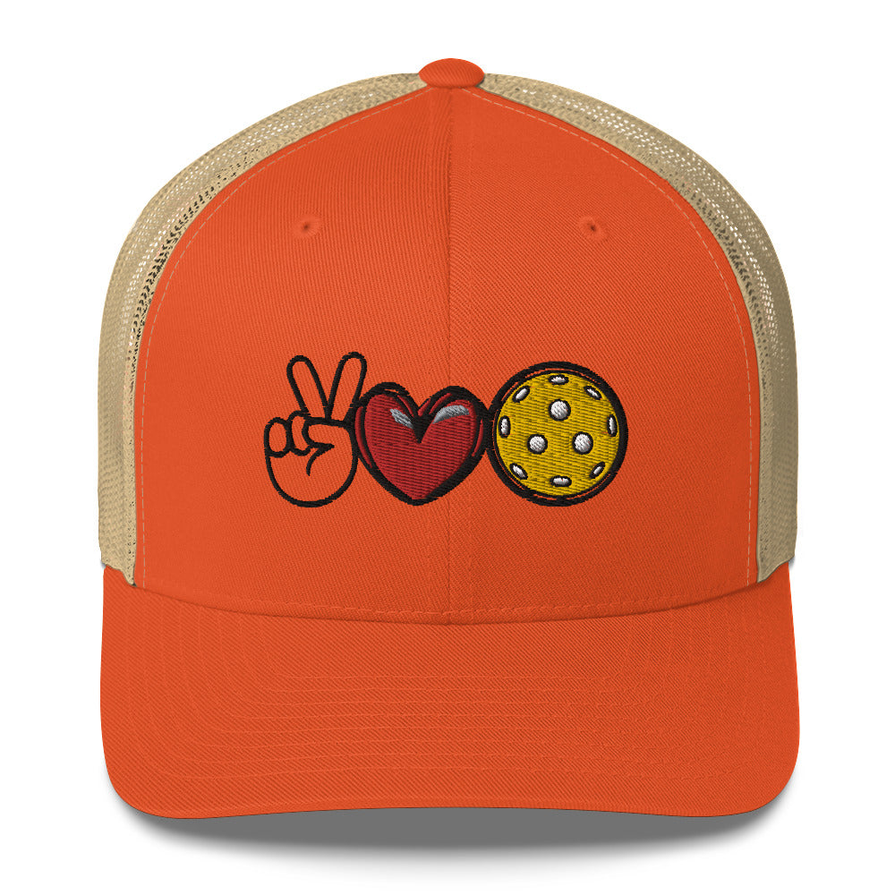 Peace, Love, Pickleball Super Cute Embroidered (in black) Pickleball Trucker Hat