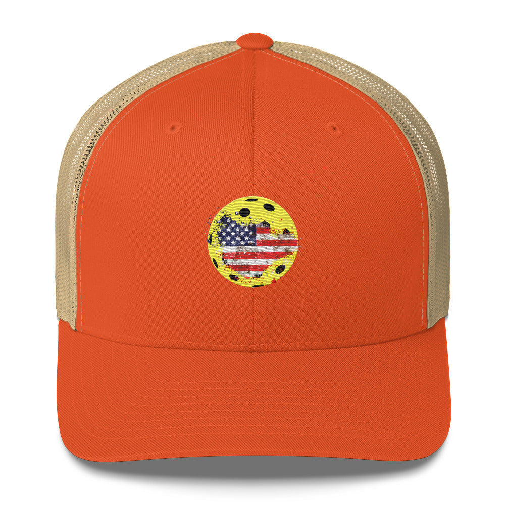 American Flag Embroidered Patriotic Pickleball Trucker Hat