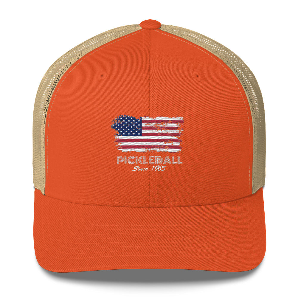 American Flag USA Pickleball Since 1965 Embroidered Pickleball Trucker Hat