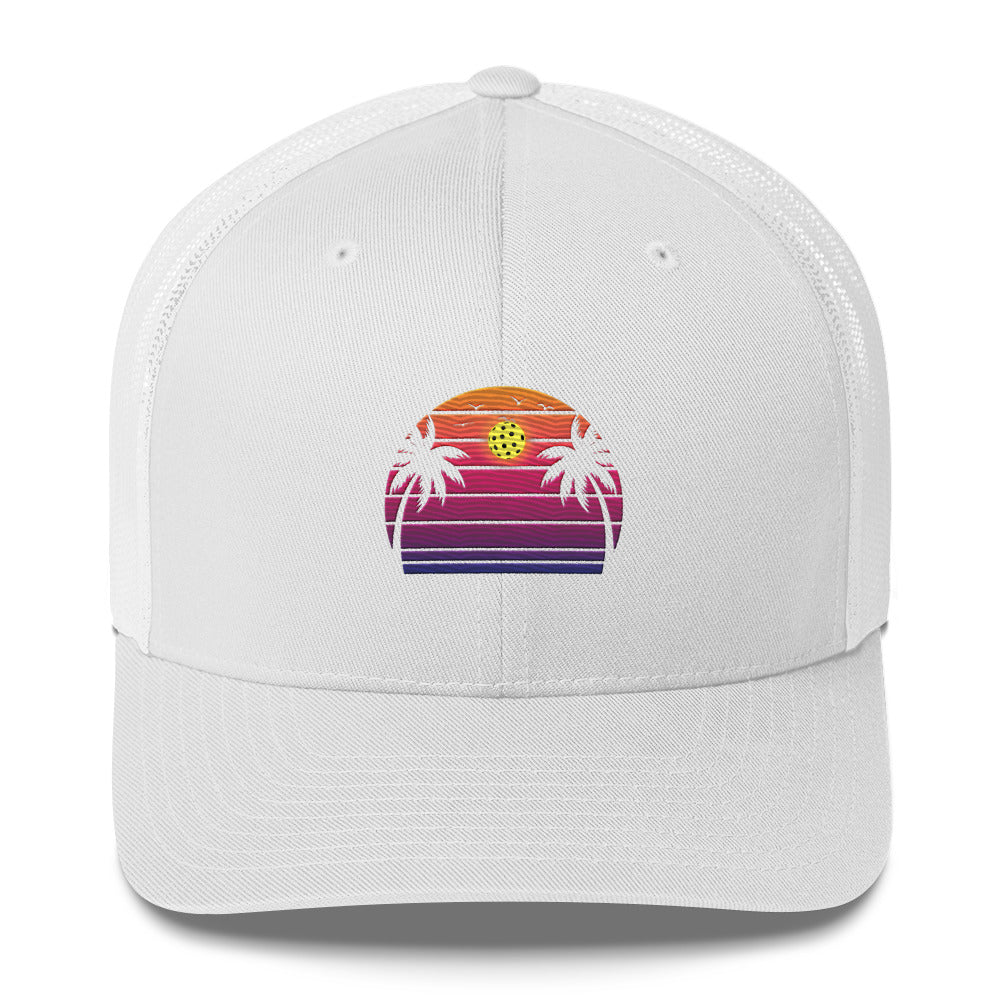 Beautiful Purple Pickleball Sunset Embroidered Trucker Hat