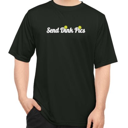 Cute funny witty Unisex Send Dink Pics Cursive Performance Pickleball T-shirt