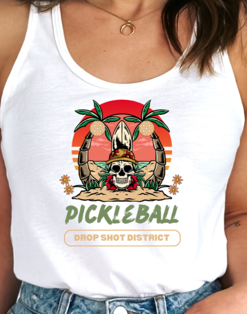 Gorgeous and cool looking Skelton Head Drop Shot District Women's Racerback Pickleball Tank Top