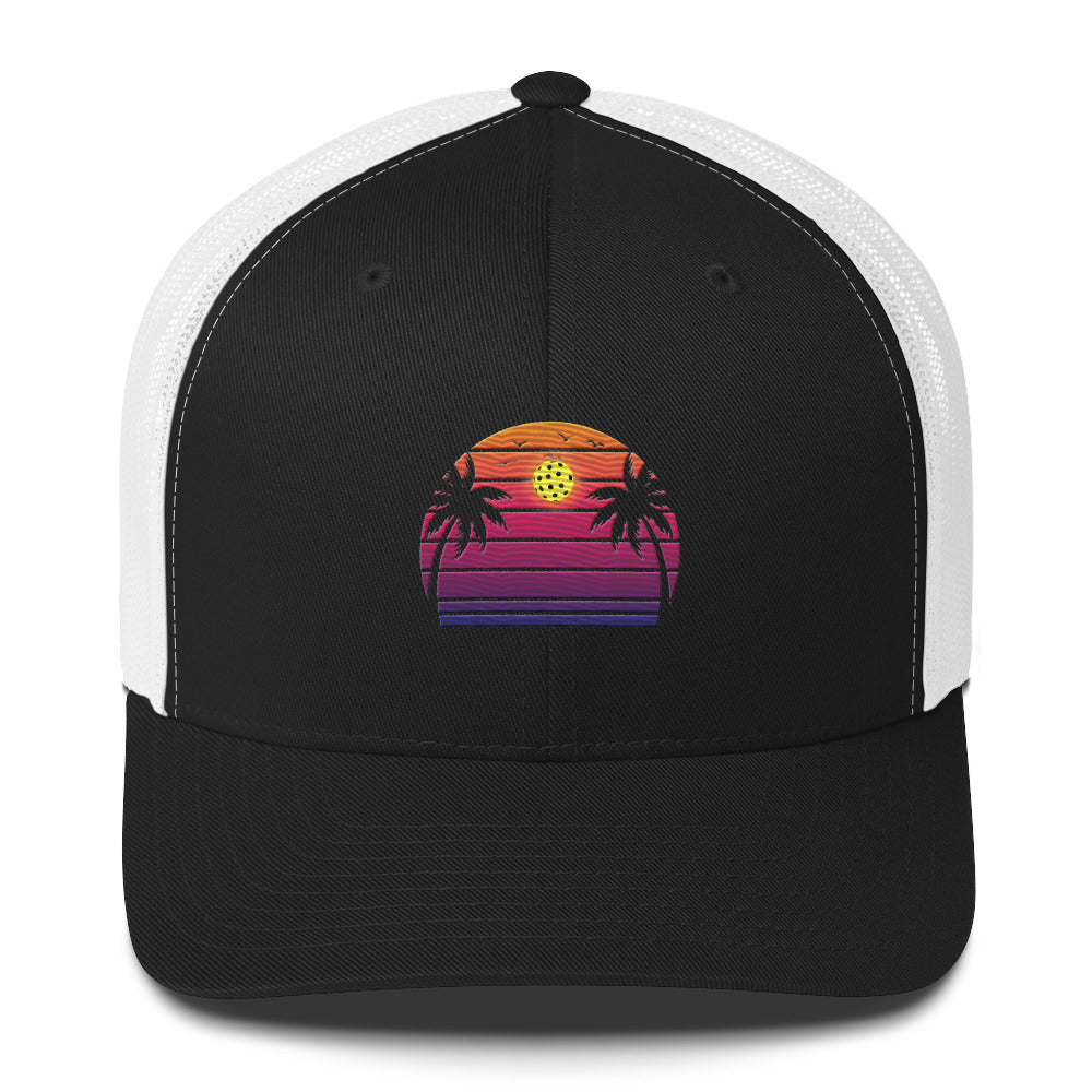 Gorgeously designed, Beautiful Purple Pickleball Sunset Embroidered Trucker Hat, beachy, tropical, pickleball beach design.