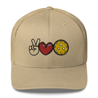 Peace, Love, Pickleball Embroidered in BLACK Pickleball Trucker Hat