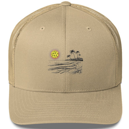 Goregous, beautifully designed Pickleball Sun Beach Vibes Embroidered (with black) Pickleball Trucker Hat. Pickleball Life, Salt Life, Beach Life...the Good Life...all in one dope pickleball hat!