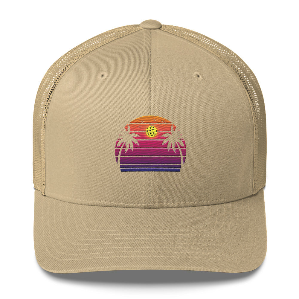 Beautiful Purple Pickleball Sunset Embroidered Trucker Hat