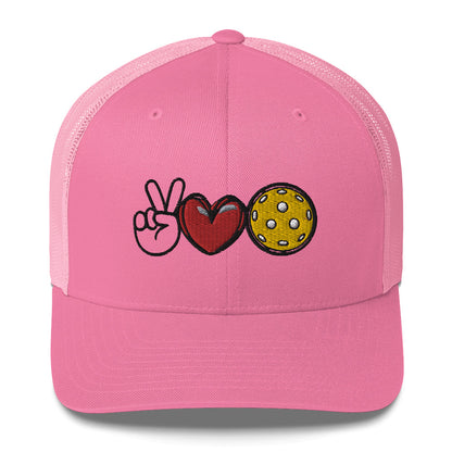 Absolutely beautifully designed Peace, Love, Pickleball Embroidered in BLACK Pickleball Trucker Hat