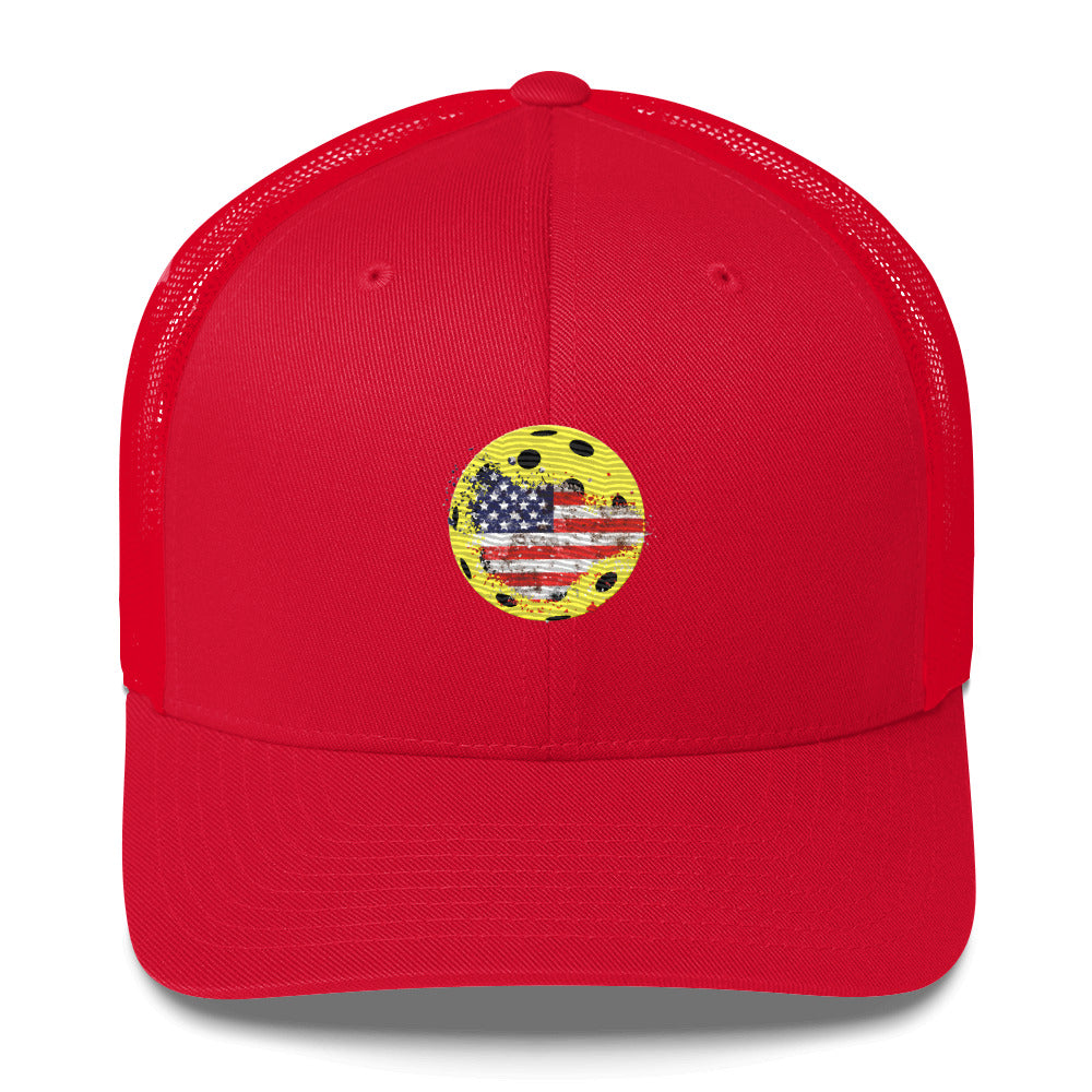Super cool looking beautifully designed catchy eye popping American Flag Pickleball Trucker Hat