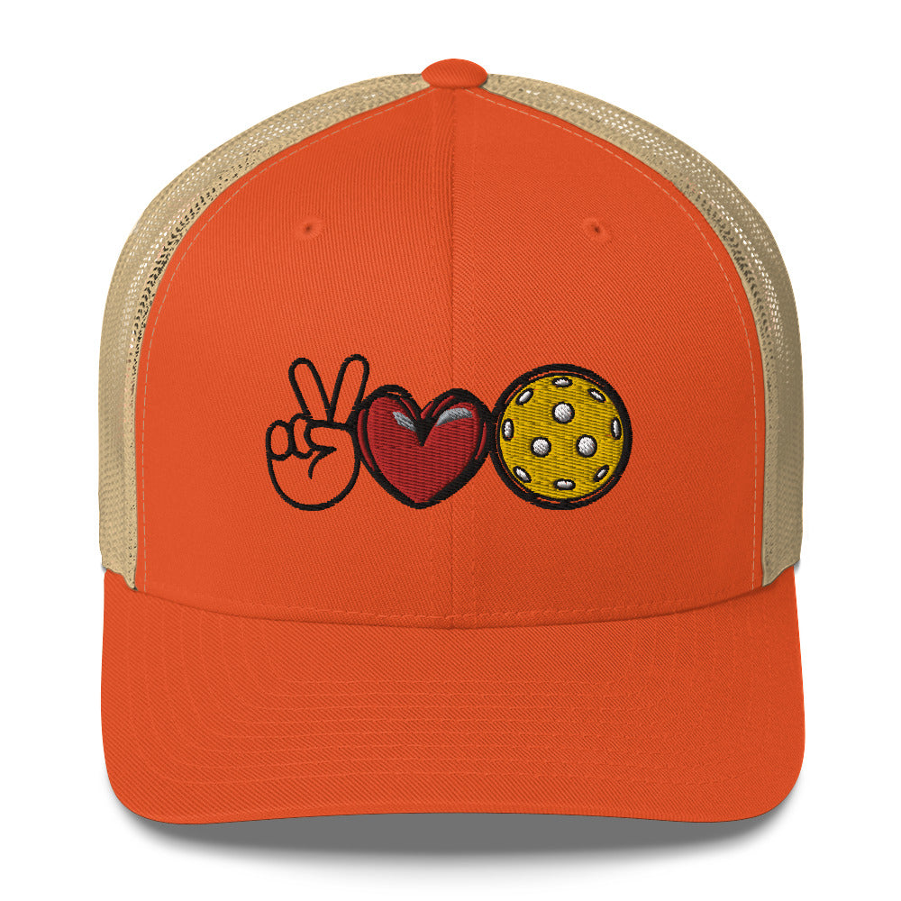 Peace, Love, Pickleball Embroidered in BLACK Pickleball Trucker Hat