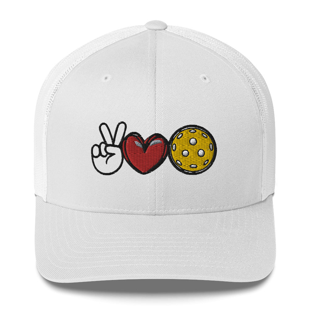 Peace, Love, Pickleball Super Cute Embroidered (in black) Pickleball Trucker Hat