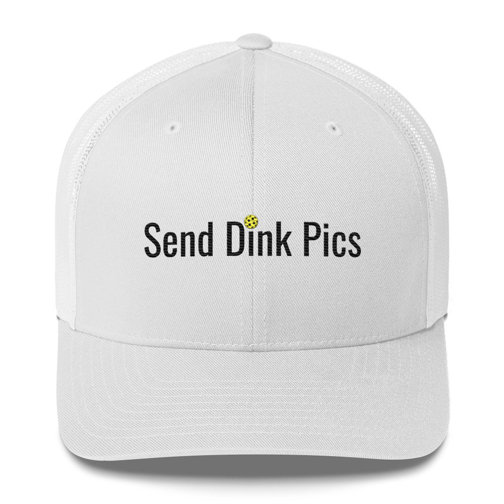 Funny, cool, cutely designed Send Dink Pics Embroidered Pickleball Trucker Hat (not cursive)